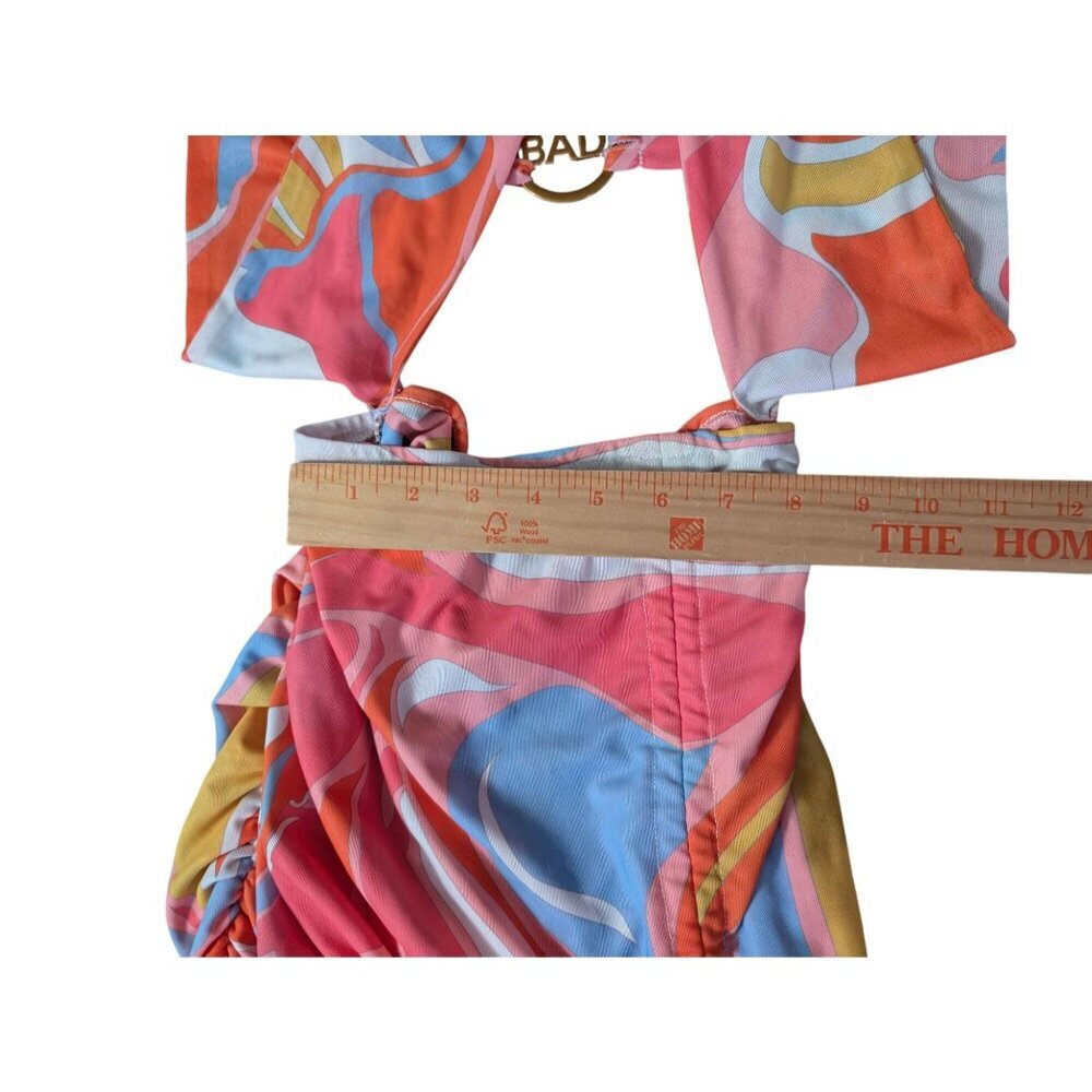Bad Society Club Psychedelic Swirl Retro Bodycon Mini Dress Size M Ruched Halter - Picture 3 of 5